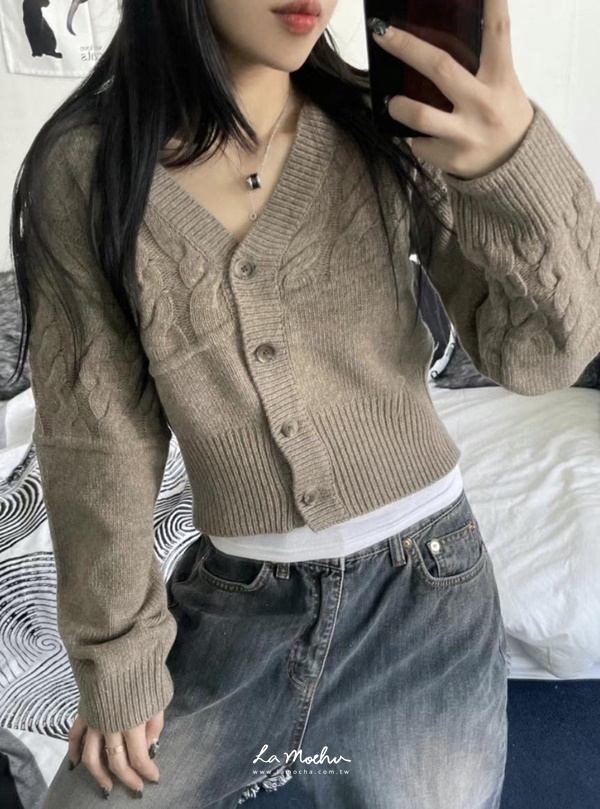 麻花混坑條V領外套